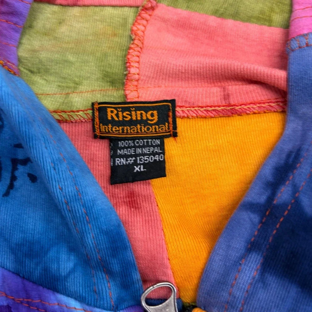 Rising International Patchwork Zip Up Hoodie Women XL Boho Sun Hippie Colorful